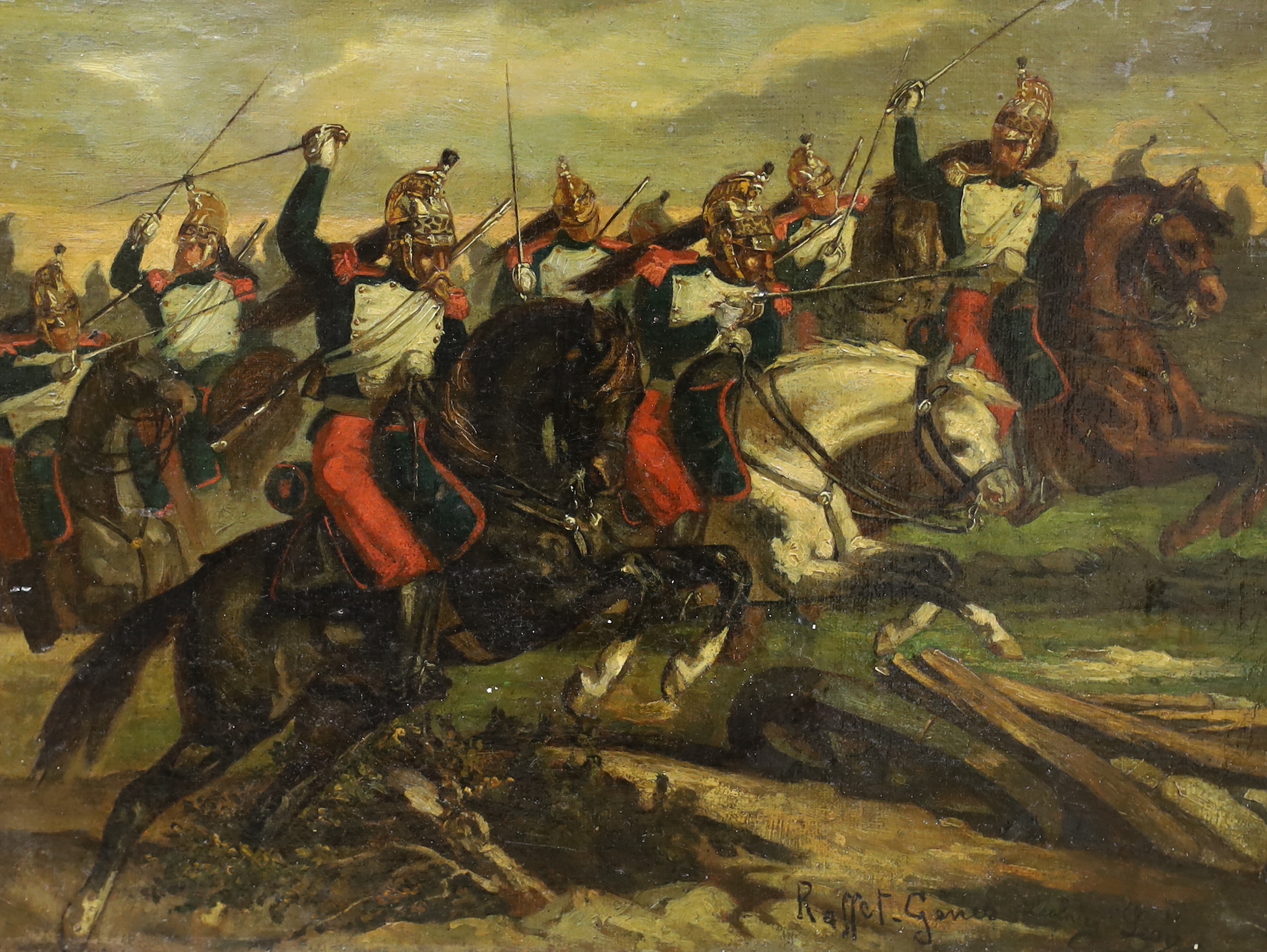 After Auguste Raffet (French, 1804-1860) pair of unframed oils, early 19th century British and French cavalry battle scenes, 32.5cm x 24cm